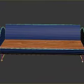 Modern Industrial Blue Bench With Curved Metal Frame And Wooden Seat