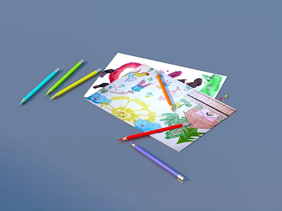 Colorful Stationery Set Including Drawing Paper Colored Pencils And Ruler 3d model