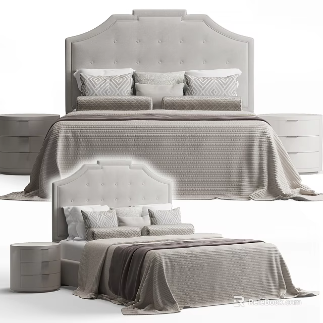 Modern Minimalist Double Bed with Tufted Headboard Pillows Soft Blanket and Nightstands 3d model 