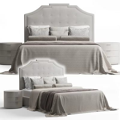 Modern Minimalist Double Bed with Tufted Headboard Pillows Soft Blanket and Nightstands 3d model