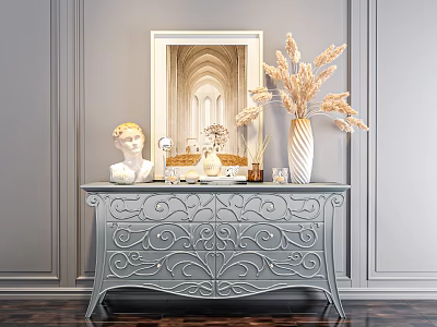 Entryway Gray Carved Console Table with Mirror Vase Dried Plants and Decorations against Gray Wall 3d model