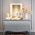 Entryway Gray Carved Console Table with Mirror Vase Dried Plants and Decorations against Gray Wall