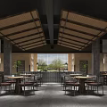 Modern Restaurant Interior With Skylights Fireplace And Wooden Dining Table