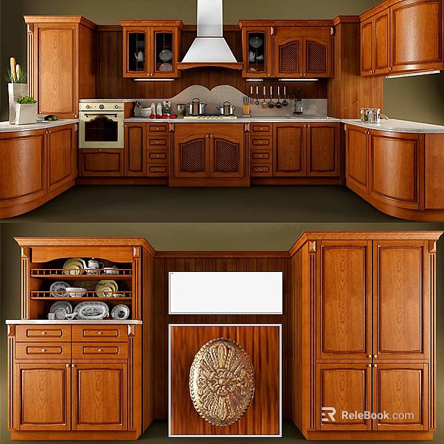 Traditional Wooden Kitchen Interior With Cabinets Drawers Shelves And Storage Space 3d model 