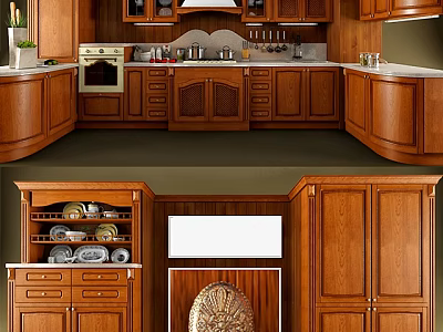 Traditional Wooden Kitchen Interior With Cabinets Drawers Shelves And Storage Space 3d model