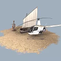 Natural Sandy Ground Scene With Small Sailboat And White Helicopter