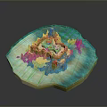 Yellow Island Model With Blue Wavy Base Mountains And Buildings