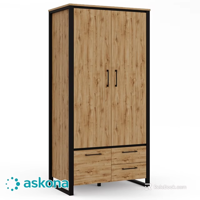 Modern Wooden Cabinet With Wood Grain Black Frame Double Doors And Four Drawers 3d model 