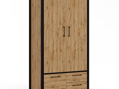 Modern Wooden Cabinet With Wood Grain Black Frame Double Doors And Four Drawers 3d model