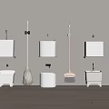 White Bathroom Accessories With Wall Mounted Containers Mop Broom And Small Buckets On Grey Wall
