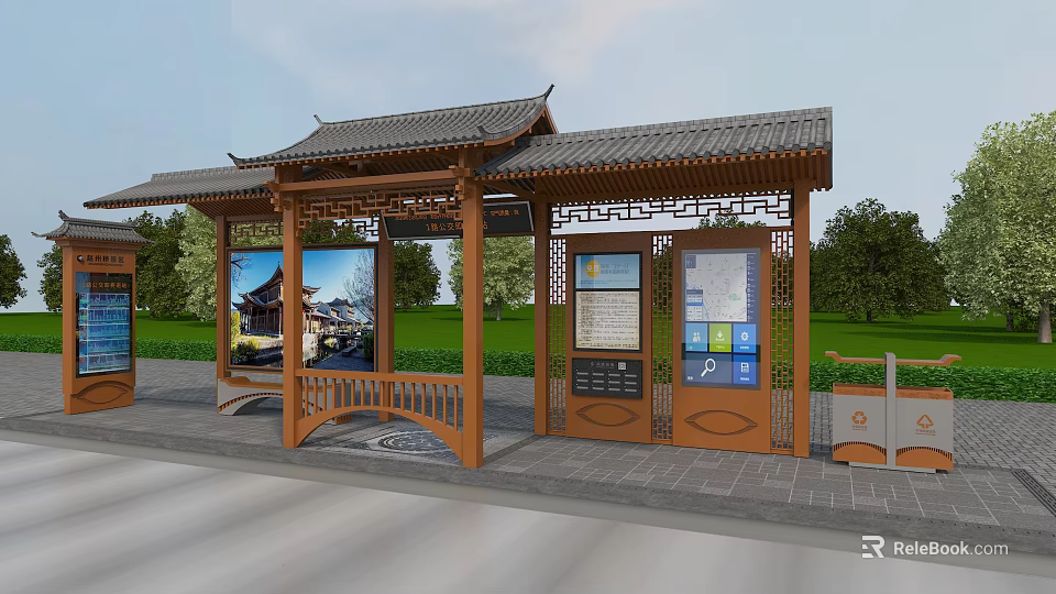 Bus Stop Road Facility With Traditional Chinese Design Wooden Structure Information Boards And Electronic Screens 3d model 