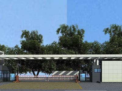 Industrial Factory Building Main Entrance With Modern Canopy Roof And Surrounding Green Trees 3d model