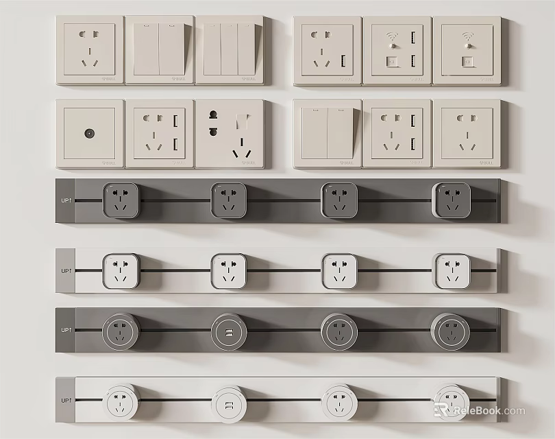 Sleek Modern Switch Panels With Single Double Switches And Power Sockets In White Grey 3d model 