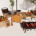 Outdoor Chair Setup With Umbrella Grill Drinks And Food In Garden Setting