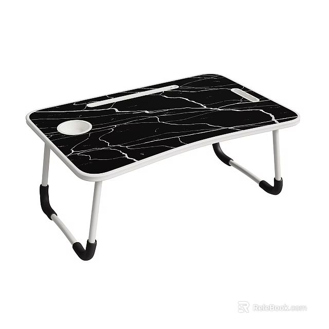 Foldable Functional Desk with Black Marble Texture White Legs Cup Holder and Pen Slot 3d model 