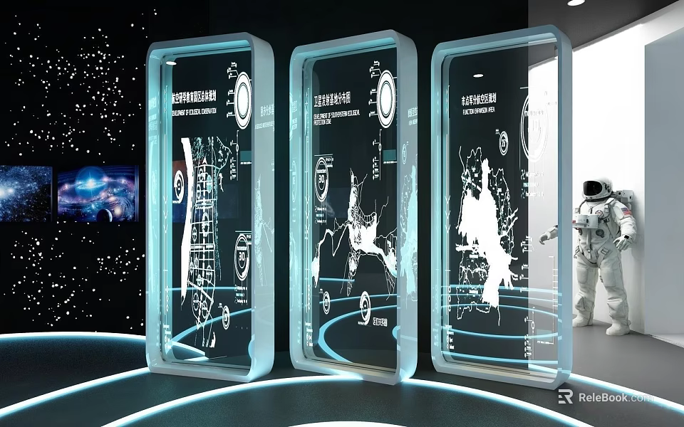 Interactive Computer Tech Display With Three Transparent Screens Blue Borders Astronaut Figure Starry Background 3d model 