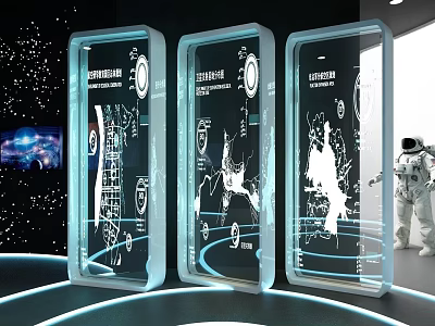 Interactive Computer Tech Display With Three Transparent Screens Blue Borders Astronaut Figure Starry Background 3d model