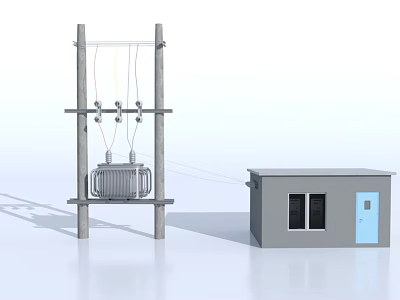 Public Electrical Power Facility With Utility Pole Transformer Power Lines And Small Control Shed 3d model