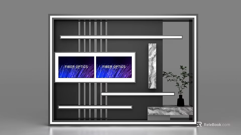 Modern Display Cabinet Shelf With Fiber Optics Screens Marble Decor And Green Plant 3d model 