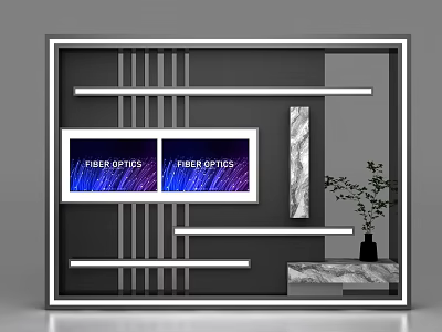 Modern Display Cabinet Shelf With Fiber Optics Screens Marble Decor And Green Plant 3d model