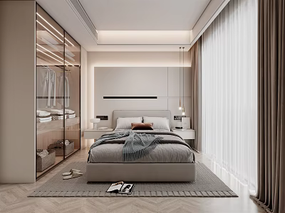 Modern Bedroom Interior With King Bed Mirrored Closet Nightstands And Area Rug 3d model