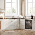 Modern Kitchen Interior Featuring White Cabinets Windows Oven And Wooden Floor