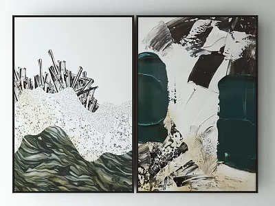 Abstract Wall Art Paintings With Green Waves Black Strokes And Beige Accents For Modern Decor 3d model