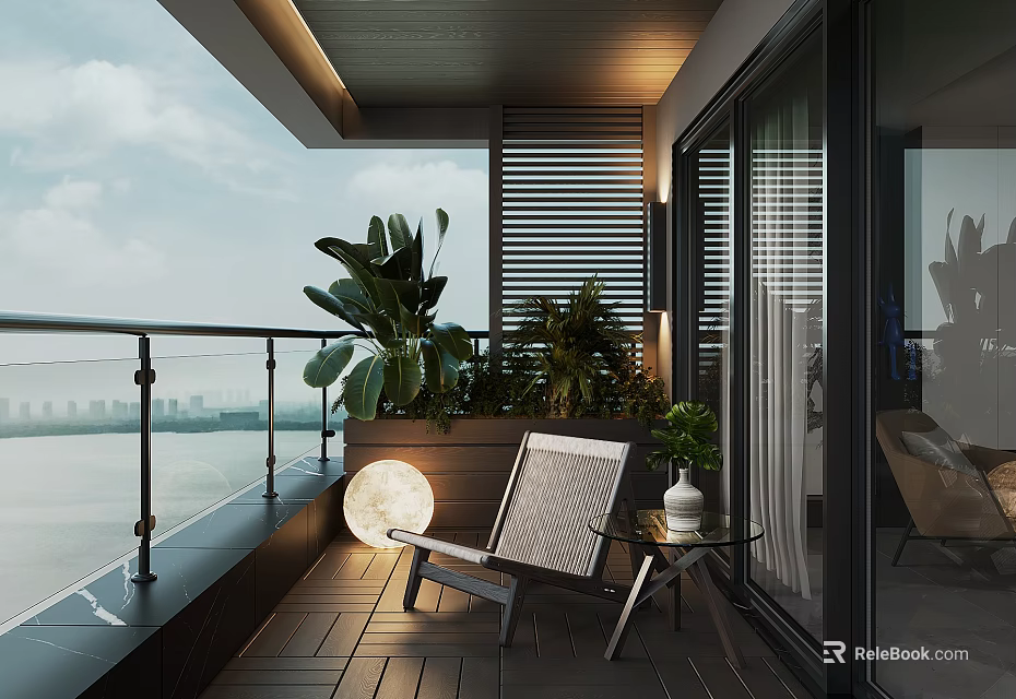 Home Balcony with Wooden Flooring Black Metal Railings Lounge Chair Green Plants and River View 3d model 