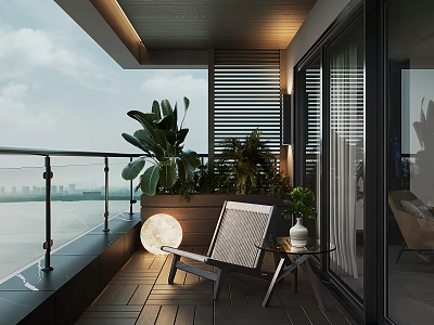 Home Balcony with Wooden Flooring Black Metal Railings Lounge Chair Green Plants and River View 3d model