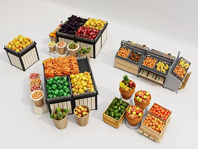 Wooden Display Shelves with Fresh Fruits and Vegetables Arranged in Retail Market 3d model
