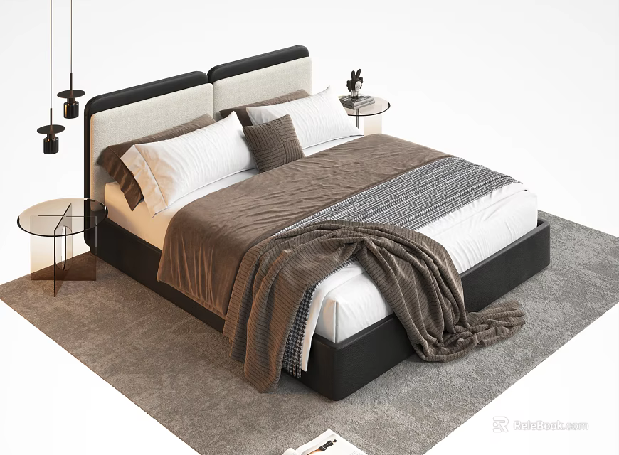 Modern Double Bed Interior With Upholstered Headboard Pillows And Throw Blanket 3d model 