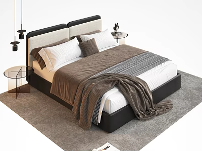 Modern Double Bed Interior With Upholstered Headboard Pillows And Throw Blanket 3d model