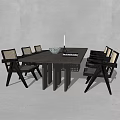 Modern Dark Wood Dining Table Set With Woven Back Chairs And Decorative Bowl Candle Holder