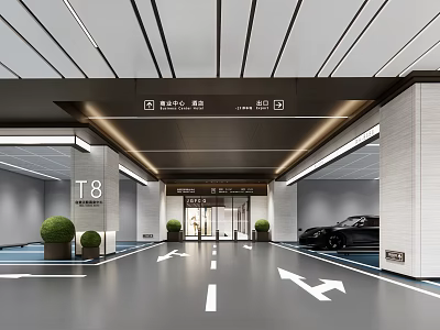 Modern T8 Parking Garage Interior With Directional Arrows Black Car And Plants 3d model