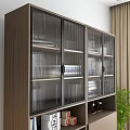 Modern Bookcase with Glass Doors Multiple Compartments Books Decorations Drawers Green Plant and Table Lamp
