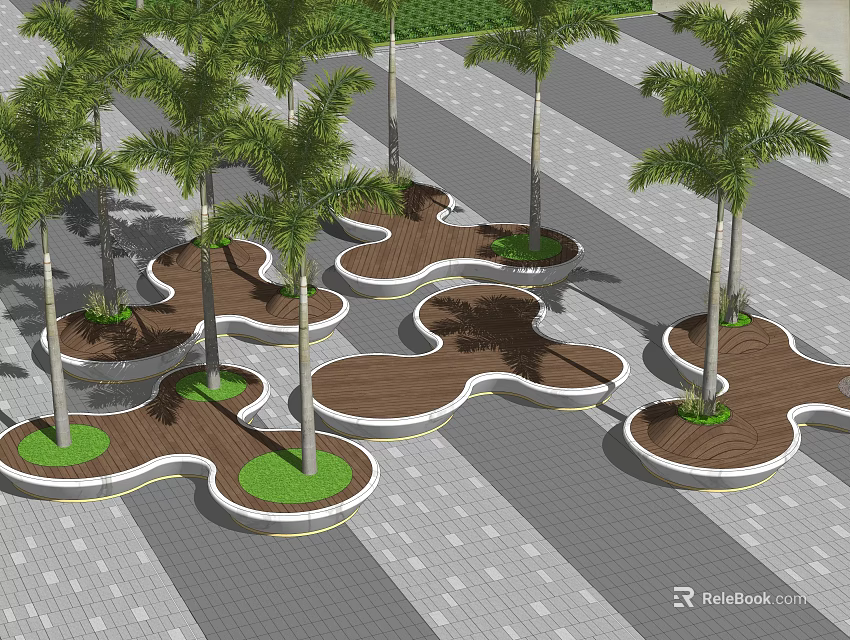 Modern Irregular Tree Pits Landscape Design With Palm Trees And Paved Ground 3d model