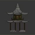 Traditional Chinese Pavilion With Two Story Tiled Roof Curved Eaves And Wooden Pillars