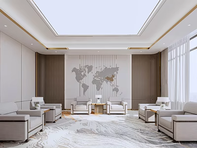 Elegant Hotel Public Lounge Area With World Map Wall Decor Comfortable Sofas And Large Windows 3d model