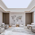 Elegant Hotel Public Lounge Area With World Map Wall Decor Comfortable Sofas And Large Windows 3d model