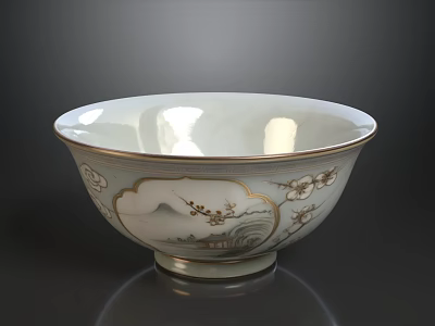 Exquisite Traditional Gold Trim Celadon Bowl With Hand Painted Landscape And Plum Blossom Decoration 3d model