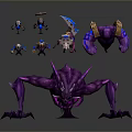 Small Armored Warrior Characters With Large Purple Spider Like Creature And Weapons 3d model