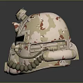 Ornate Beige Mechanical Helmet With Red Patterns Golden Accents And Tube Decorations