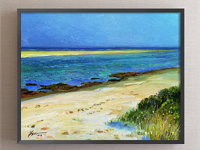 Oil Painting of Coastal Seascape with Sandy Shore Rocky Edges Blue Sea and Clear Sky 3d model