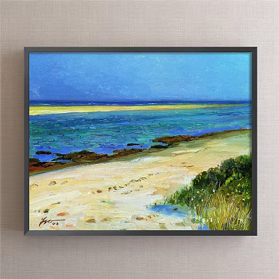 Oil Painting of Coastal Seascape with Sandy Shore Rocky Edges Blue Sea and Clear Sky 3d model