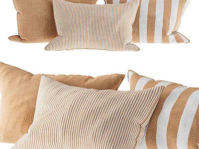 Soft Striped Throw Pillows In Beige And Brown Linen Fabric For Sofa Decor 3d model