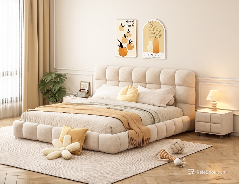 Double Bed with Padded Headboard in Modern Bedroom Interior with Nightstand Lamp Wall Art Plants 3d model 