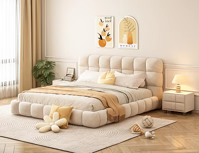 Double Bed with Padded Headboard in Modern Bedroom Interior with Nightstand Lamp Wall Art Plants 3d model