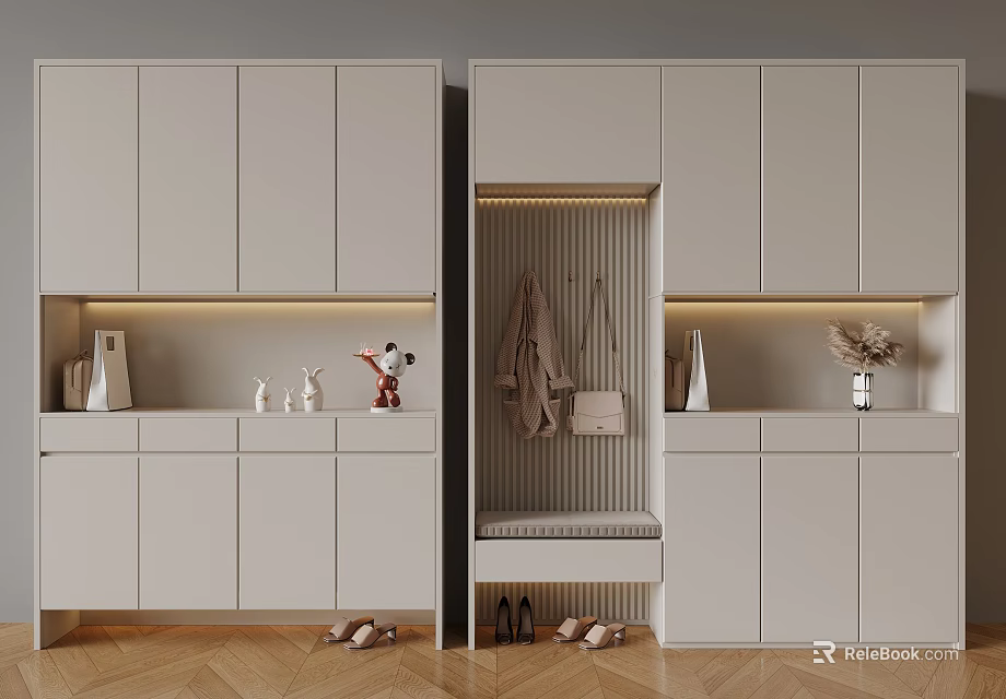 Modern Light Colored Shoe Cabinet with Hooks Coats Bags Storage Decorative Items on Wooden Floor 3d model 
