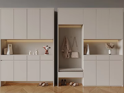 Modern Light Colored Shoe Cabinet with Hooks Coats Bags Storage Decorative Items on Wooden Floor 3d model