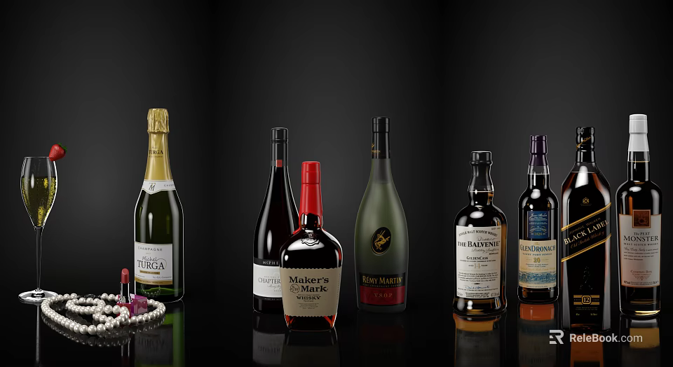Luxury Wine Bottles And Glasses With Various Brands And Pearl Accessories On Black Background 3d model 